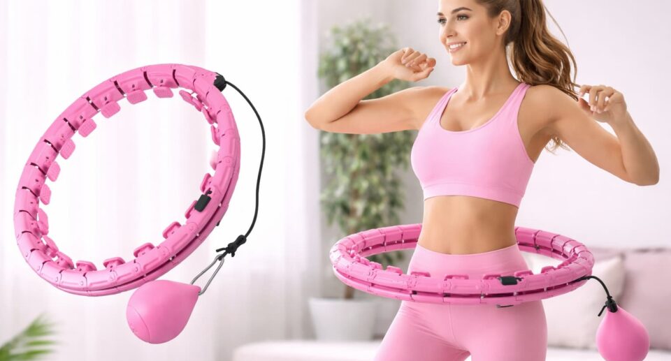smart weighted hula hoop with adjustable links and gravity ball being used for waist workout