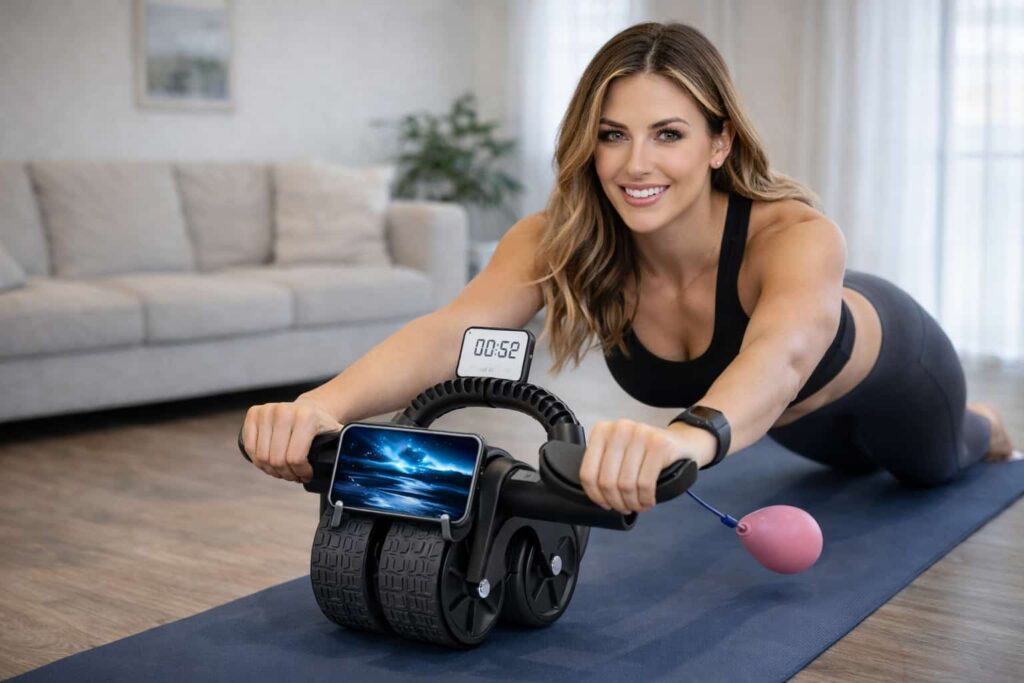 Woman using automatic rebound ab roller at home for flat tummy and strong core workout