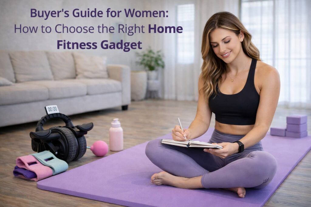 Woman reviewing home fitness gadgets and writing notes to choose the right workout equipment