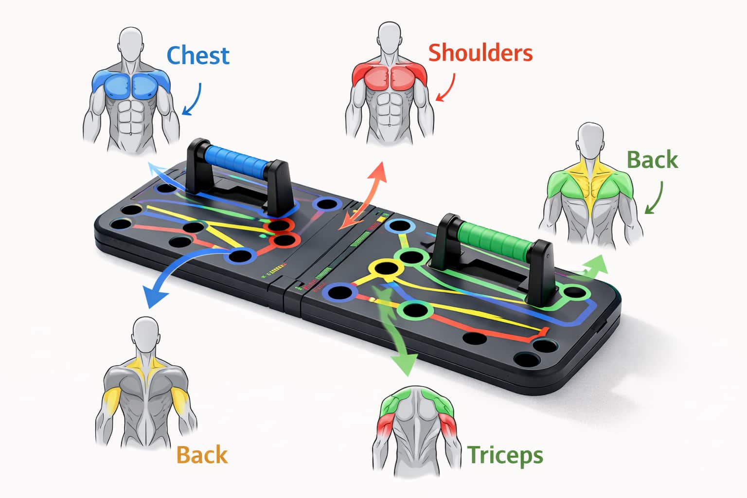 color coded push up board muscle targeting chest shoulders triceps back