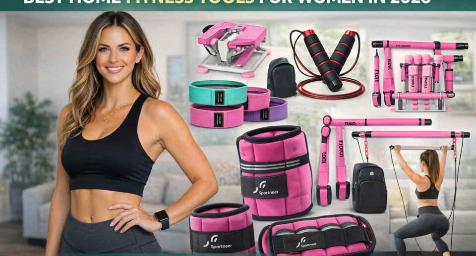 Woman using home fitness tools for cardio and strength training in a small living space, featuring the best home fitness equipment for women in 2026