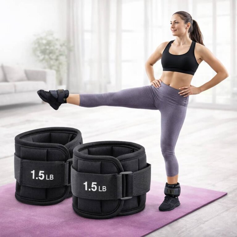Woman wearing ankle weights during home workout to tone legs, calves, and lower body muscles