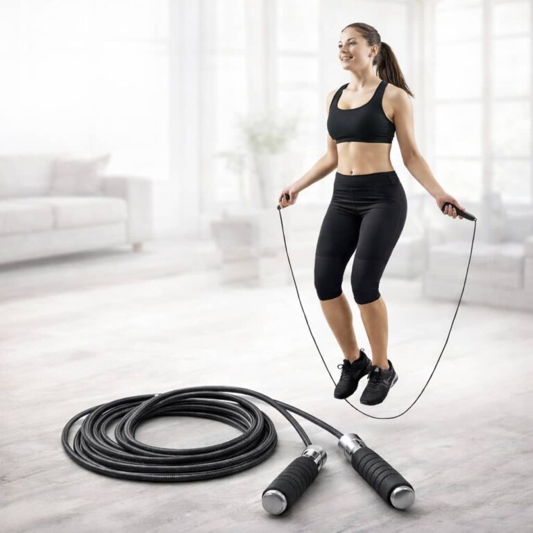 Woman doing cardio skipping rope workout at home for full body fitness