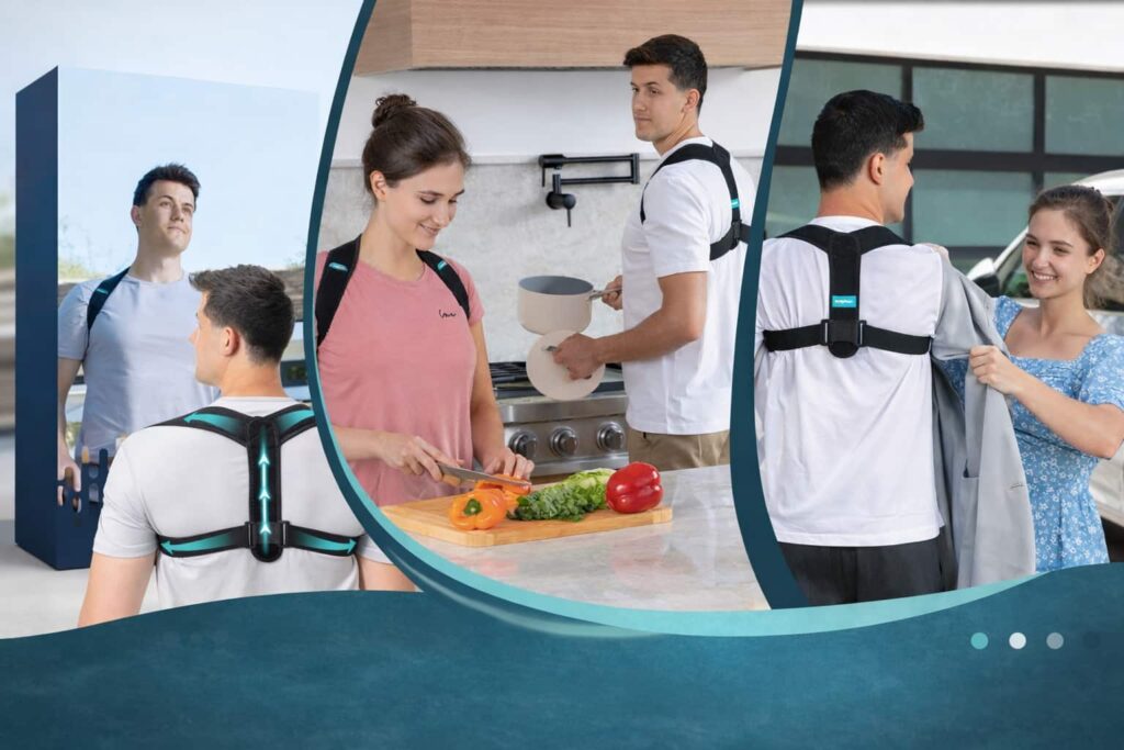 Woman and man wearing ComfyBrace posture corrector at home showing back support and adjustability under clothes
