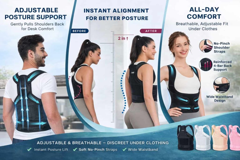 Fit Geno back brace posture corrector showing before and after alignment with adjustable straps and full back support