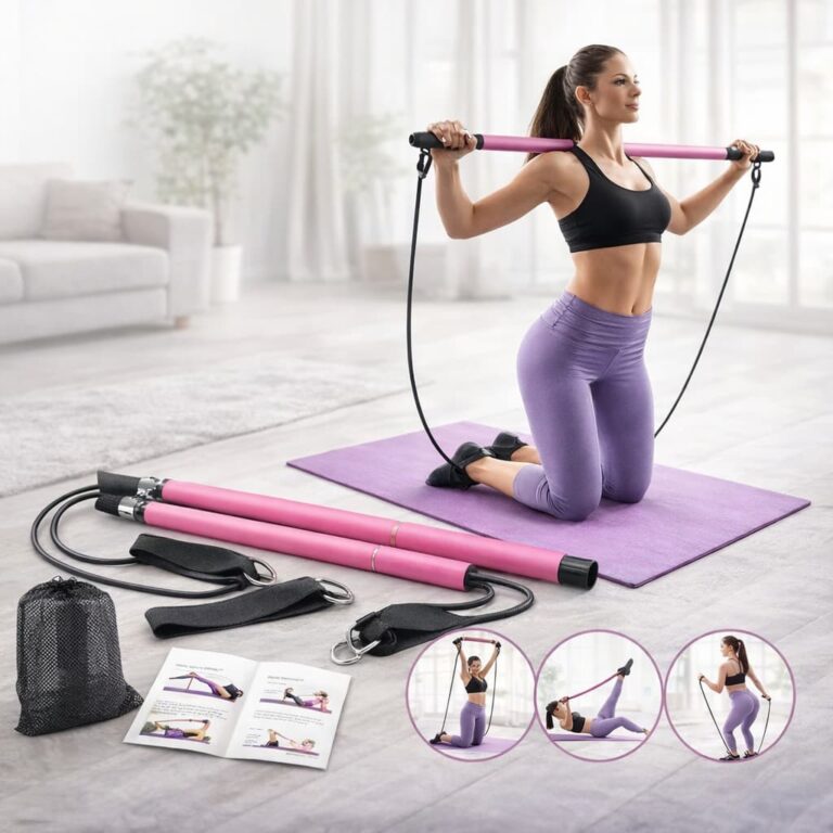 Woman using a Pilates bar kit at home to improve strength, flexibility, and posture with resistance training