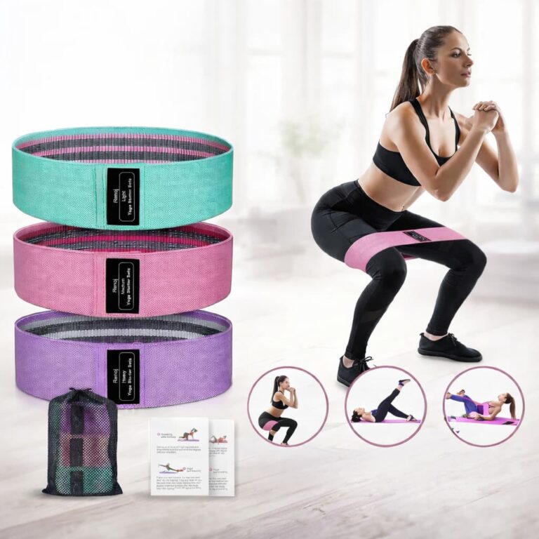 Resistance bands set for women showing full body toning exercises targeting legs, glutes, abs, hips, and calves at home