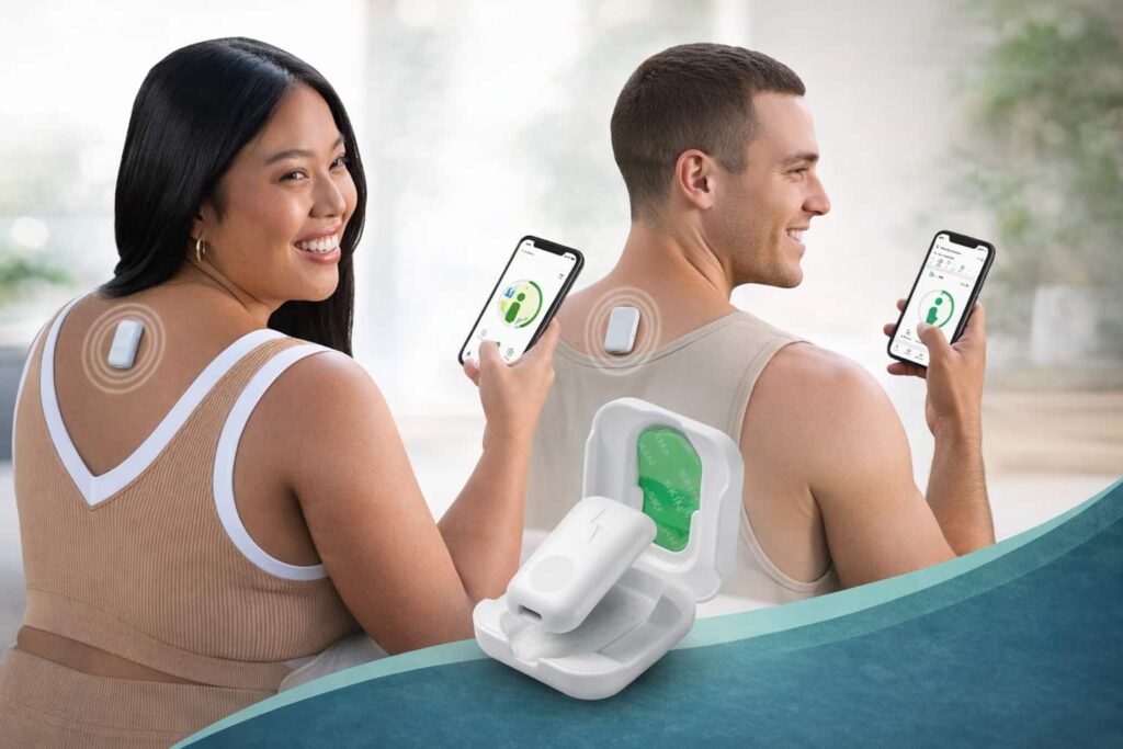 Woman using Upright GO smart posture trainer with mobile app for desk posture tracking