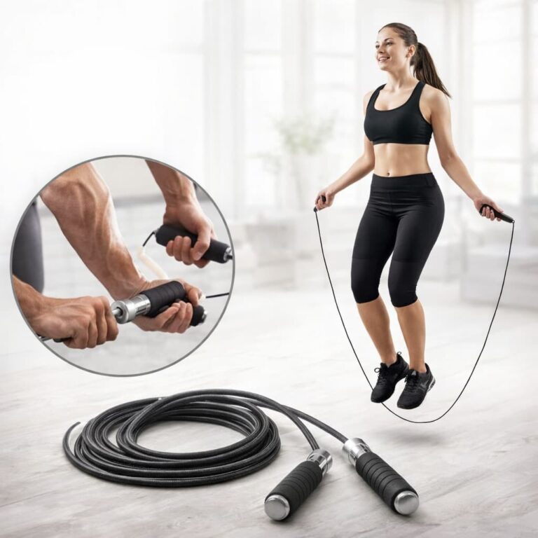Woman using a weighted jump rope at home for full body cardio workout and calorie burning exercise