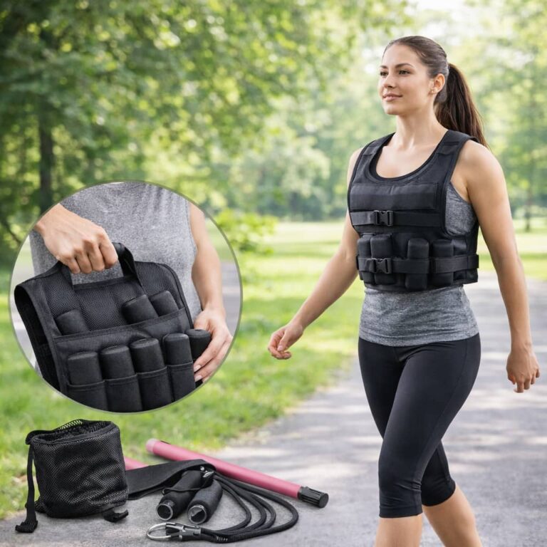 Woman walking outdoors wearing a weighted vest for low impact strength and cardio training