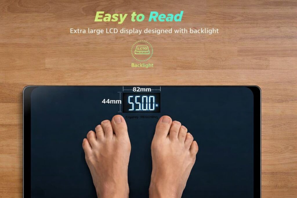 550lb bathroom digital scale for body weight with extra large backlit LCD display showing clear weight measurement.