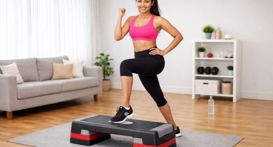 Woman doing step workout on aerobic step platform at home for cardio exercise.