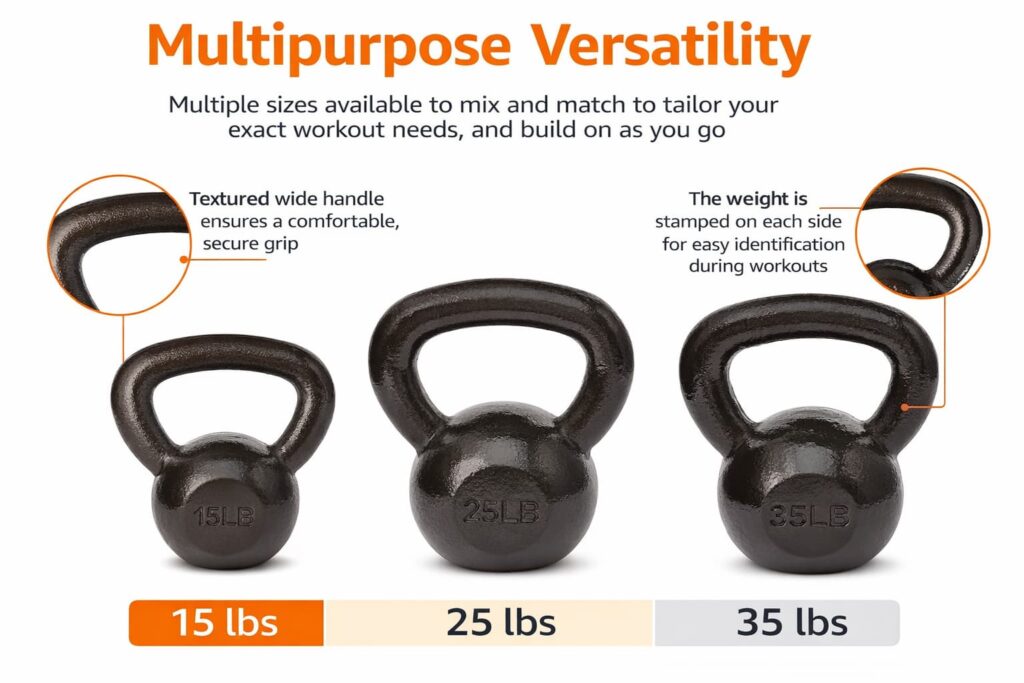 Amazon Basics cast iron kettlebell set 15 lb 25 lb 35 lb for strength training workouts.