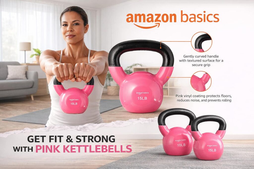 Woman holding pink Amazon Basics vinyl kettlebell with product features displayed.