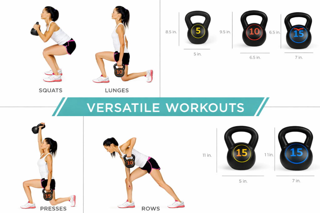 Woman performing squats, lunges, presses, and rows with Best Choice Products kettlebell set.
