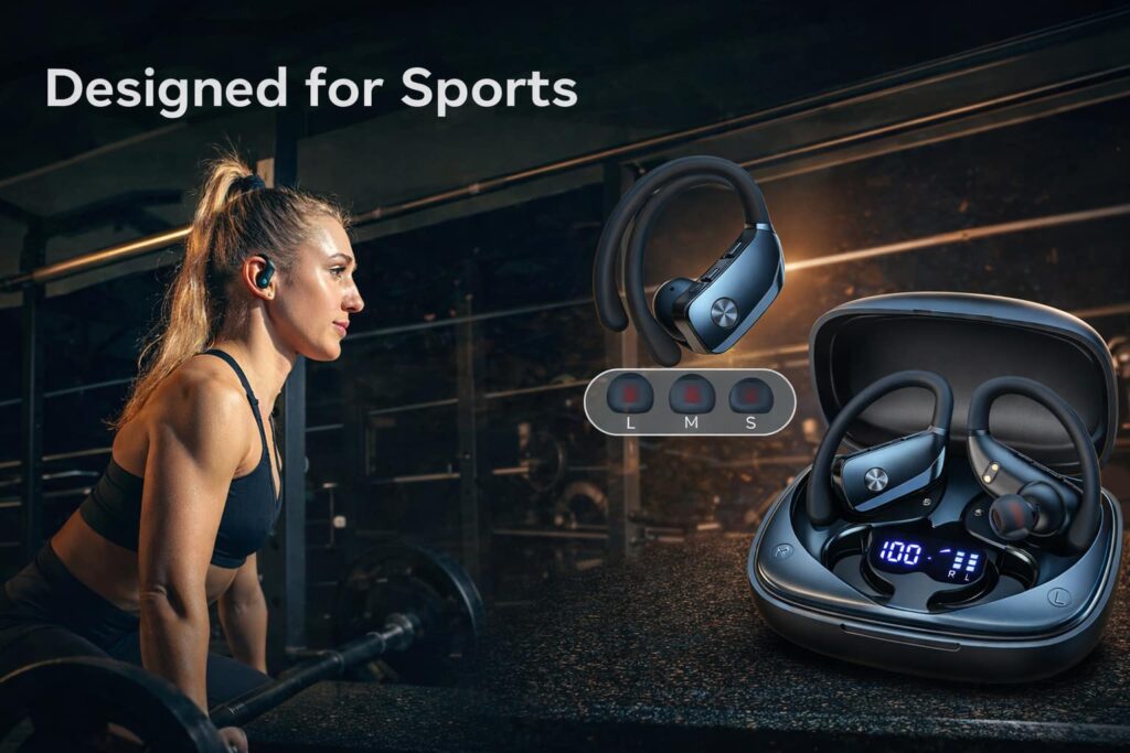 Bmani wireless sports earbuds with LED charging case designed for workouts and running.