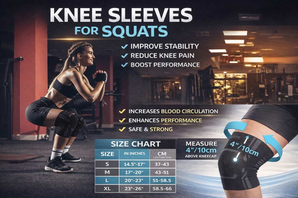 Bodyprox Knee Compression Sleeve worn during squats showing knee support, stability benefits, and size chart.