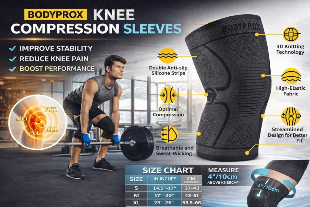 CAMBIVO 2 Pack Knee Braces showing compression support, anti-slip design, and workout stability.