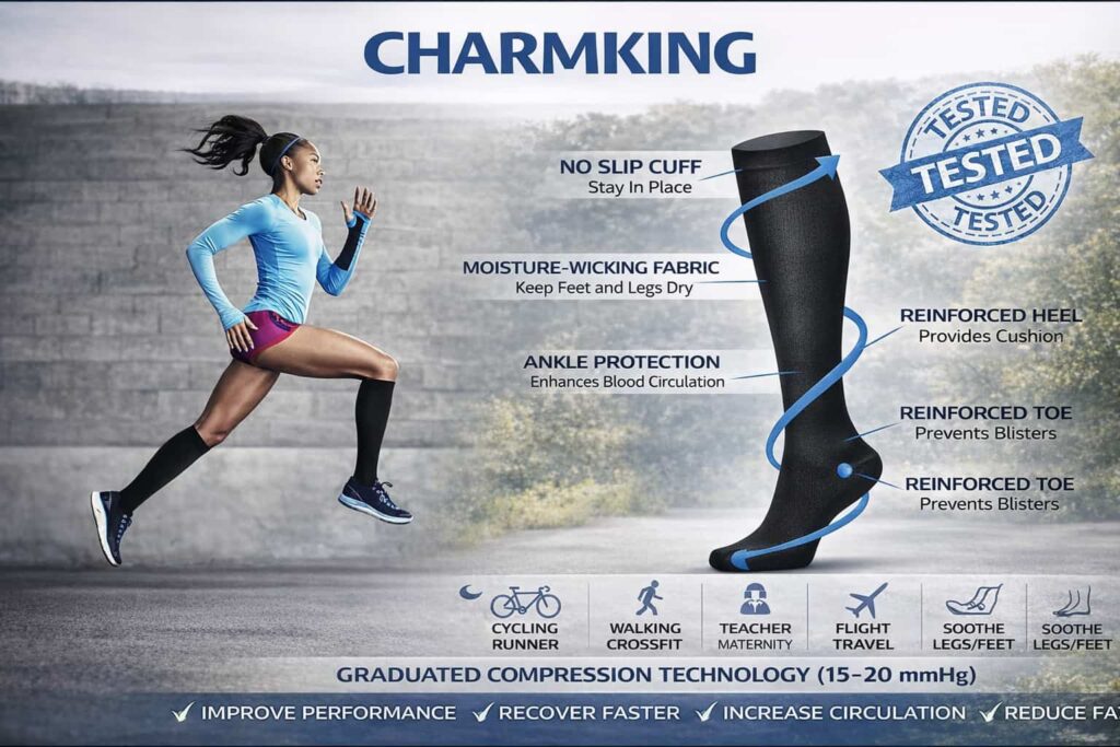 Wide infographic showing CHARMKING compression socks size guide, compression level, and everyday uses for travel, running, work, and recovery.