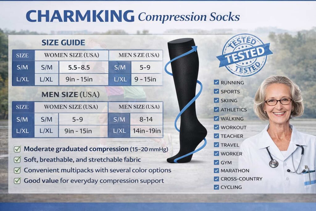 Wide infographic showing CHARMKING compression socks size guide, compression level, and everyday uses for travel, running, work, and recovery