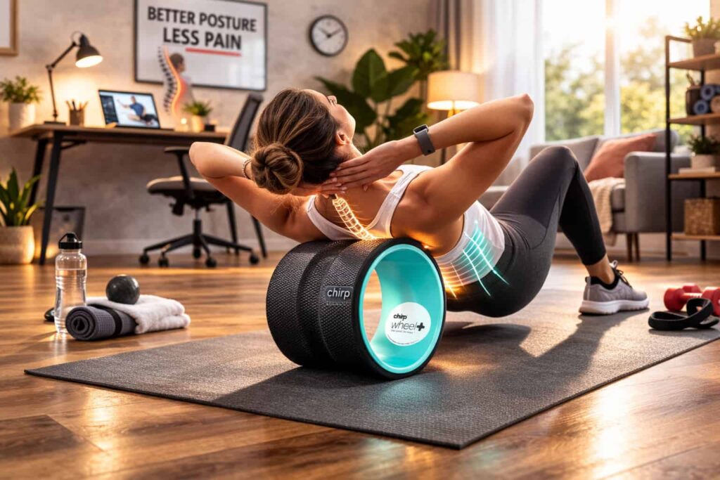 Chirp Wheel foam roller used for spine stretching and posture relief to reduce back and neck tension