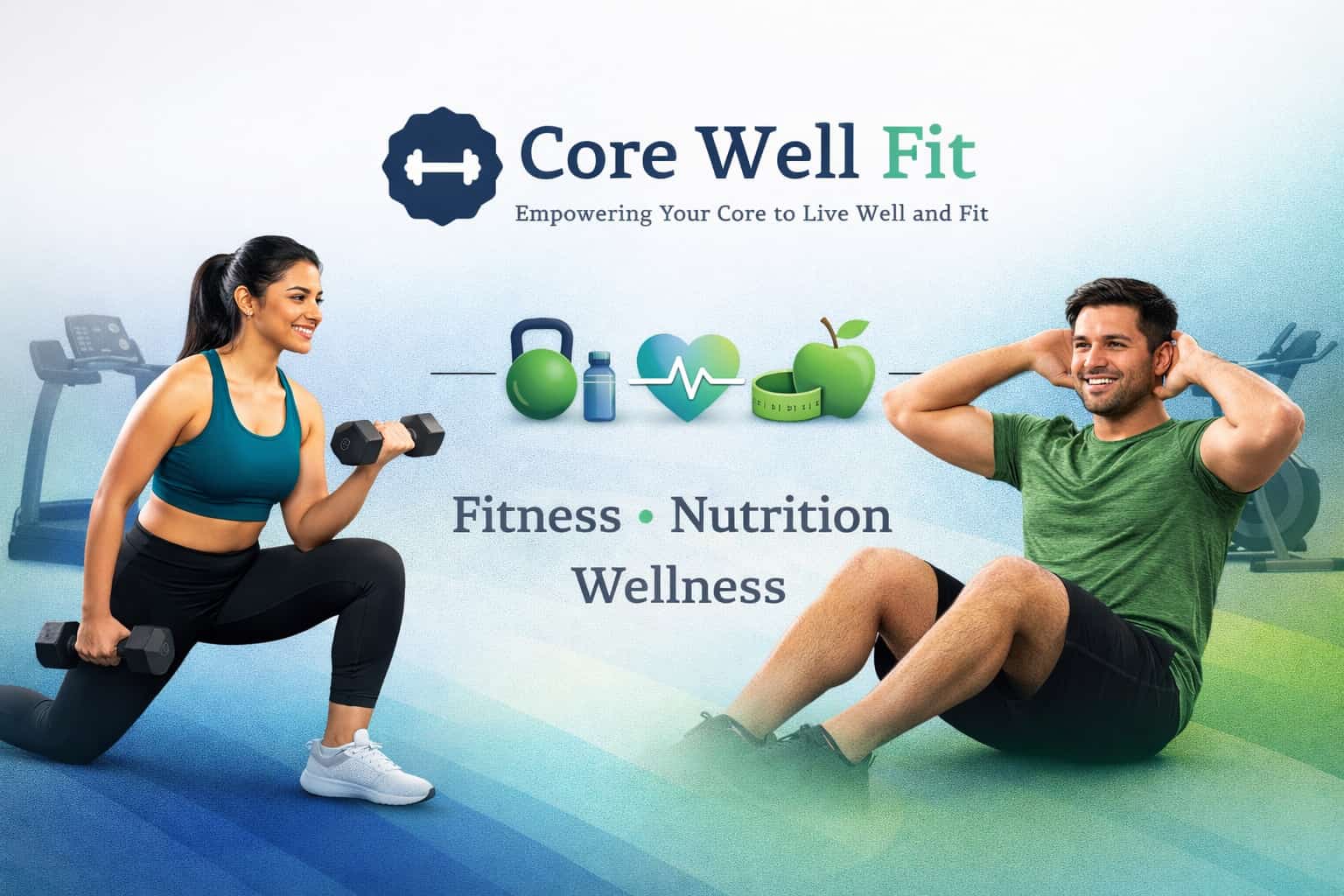 CoreWellFit fitness wellness banner with home workout and healthy lifestyle concept