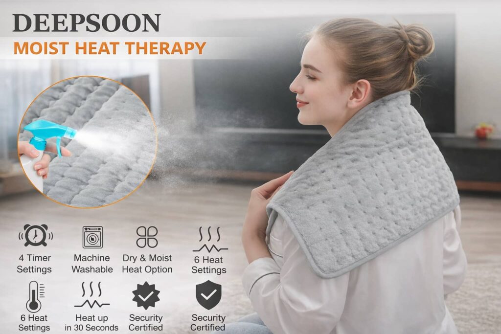 Woman using Deepsoon heating pad on shoulders with moist heat therapy feature