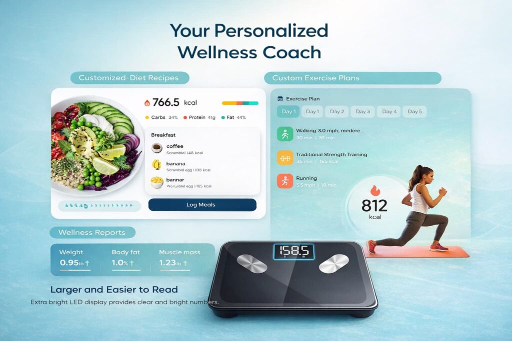 Etekcity smart scale measuring body weight with a large LED display connected to a personalized fitness and wellness tracking app.