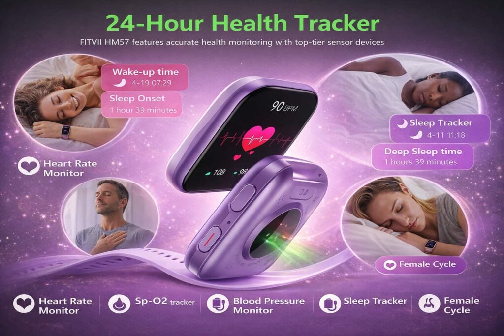 FITVII Health & Fitness Tracker smartwatch with heart rate, SpO2, sleep tracking and blood pressure monitoring features.