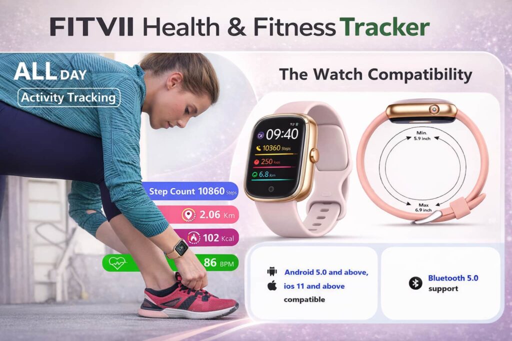 FITVII Slim Fitness Tracker smartwatch showing step count, heart rate, calories burned, and daily activity tracking.