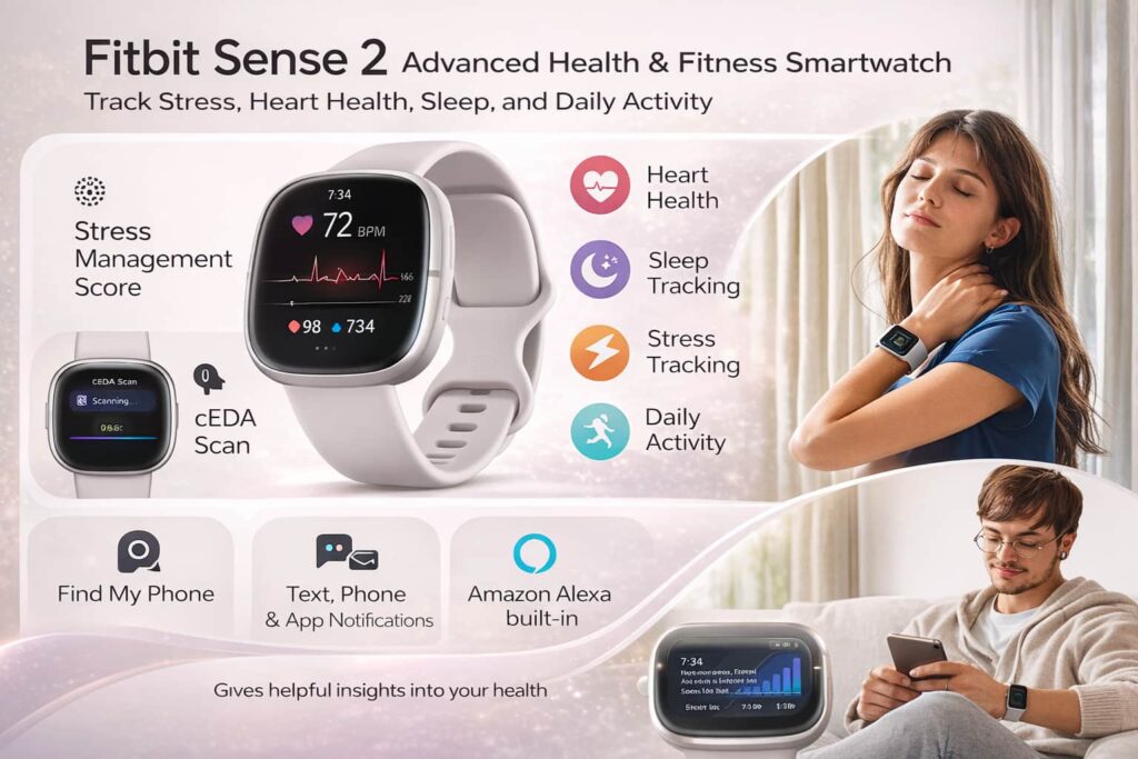 Fitbit Sense 2 advanced health and fitness smartwatch with stress management, heart rate monitoring, and sleep tracking features.