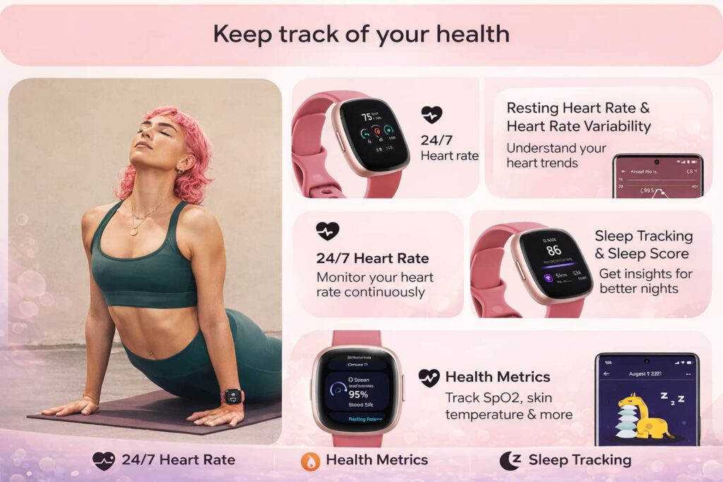 Fitbit Versa 4 fitness smartwatch showing heart rate monitoring, sleep tracking, SpO2 and health metrics on display.