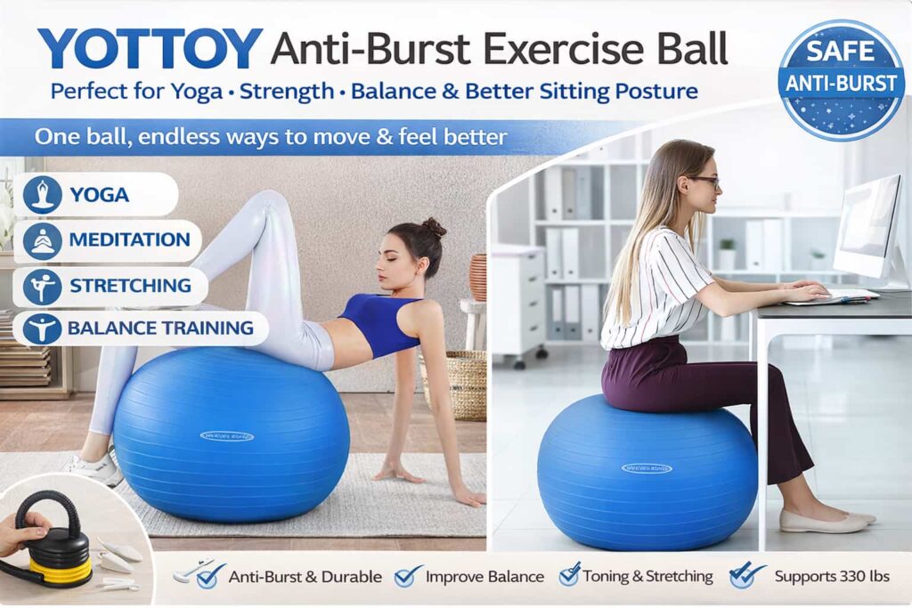 Woman doing core workout and office sitting on Fitvids exercise ball for fitness and posture improvement.