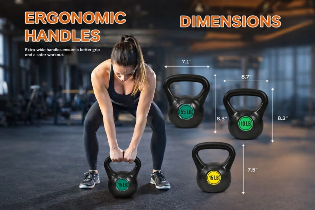Fitvids kettlebell set showing ergonomic handles and dimensions for 5 lb, 10 lb, and 15 lb weights in a gym setting.