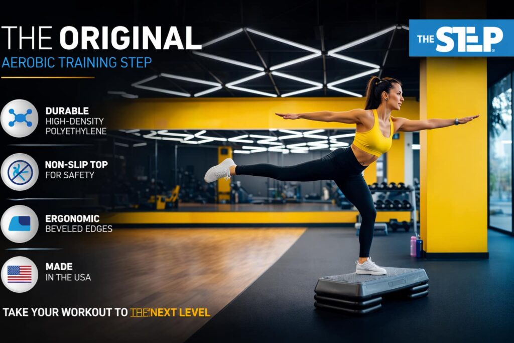 Woman performing aerobic workout on Freestyle STEP exercise step platform in a modern gym.
