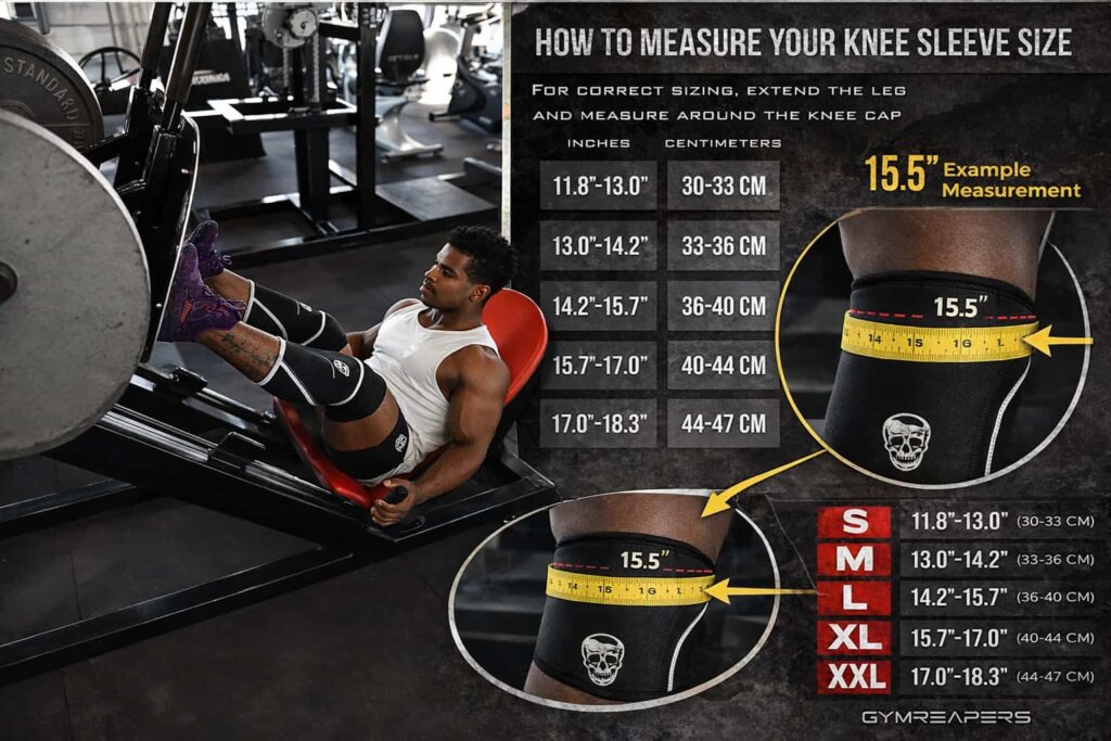 Man performing leg press wearing Gymreapers knee sleeves with size measurement chart guide.