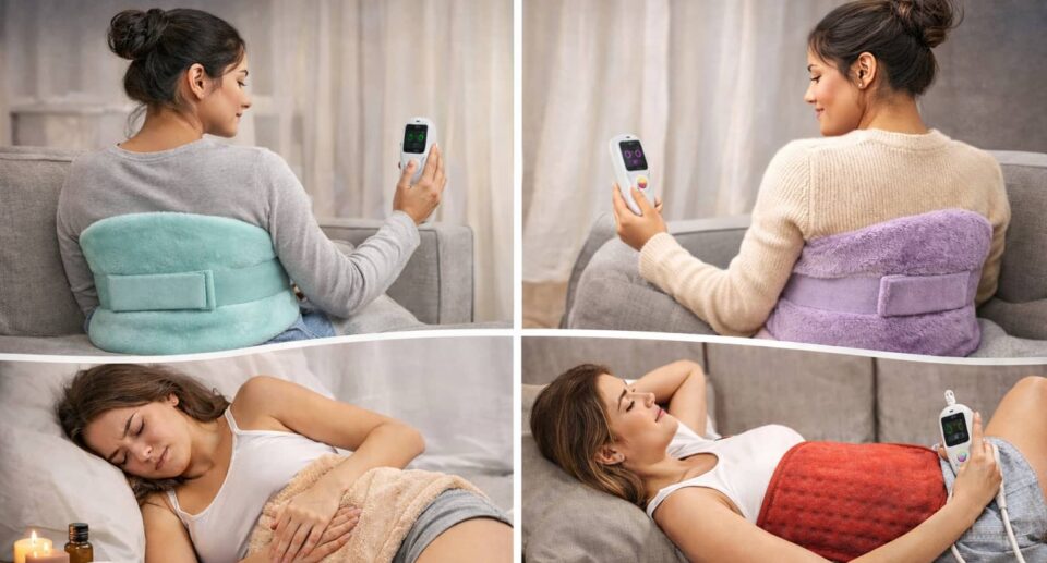 Four women using soft heating pads on the back and lower abdomen for back pain and period pain relief in a comfortable indoor setting.