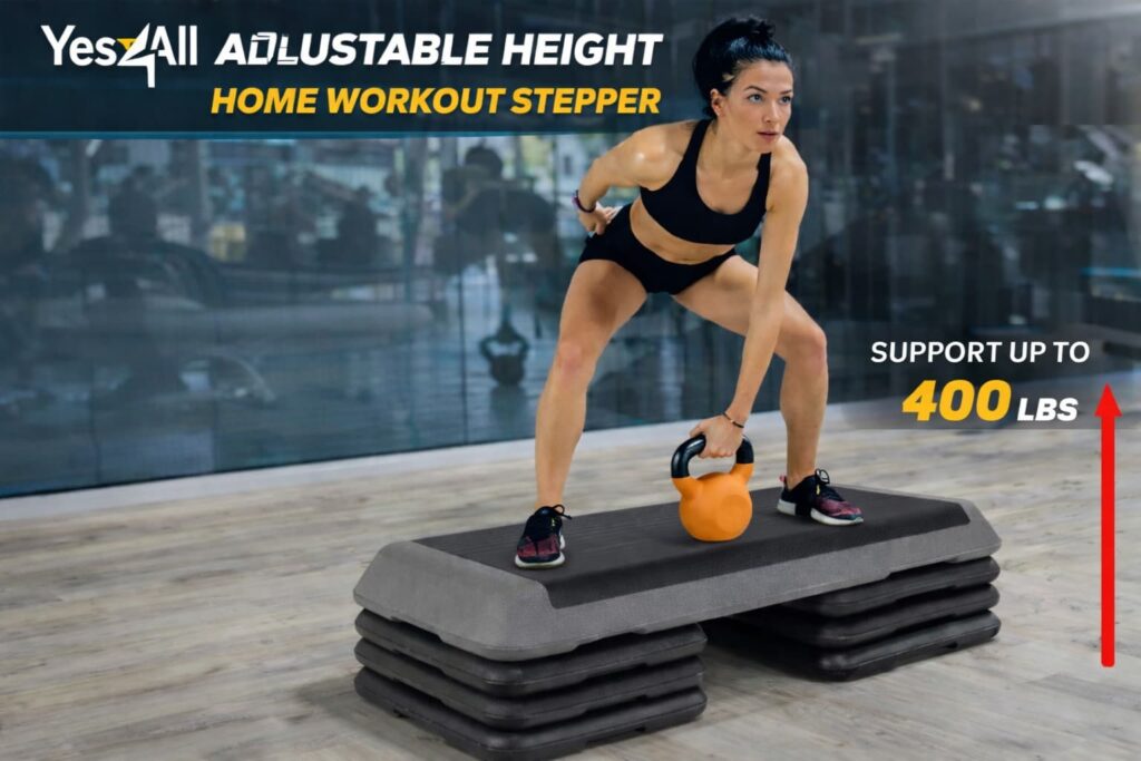 Woman training with kettlebell on HomGarden adjustable aerobic stepper platform with 4", 6", and 8" height settings and 400 lbs capacity.