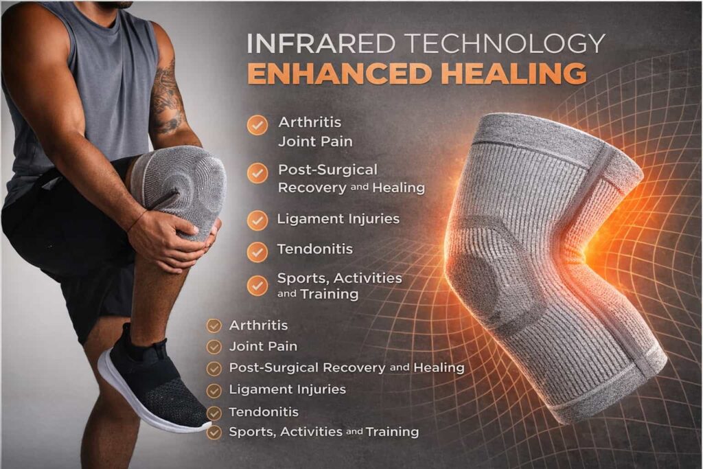 Man wearing Incrediwear knee sleeve with infrared technology for pain relief and improved circulation.