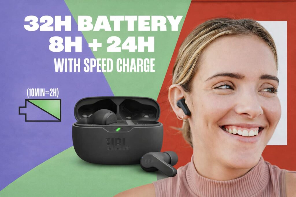 JBL Vibe Beam true wireless earbuds with charging case and 32 hour battery life.