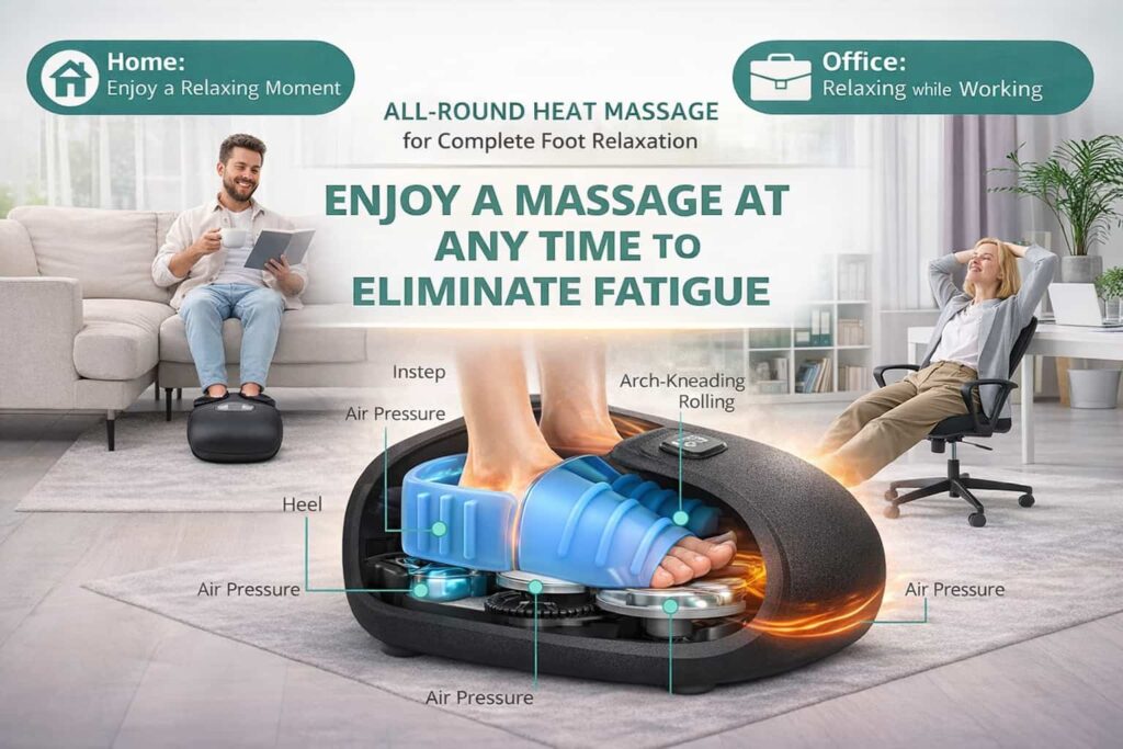 Medcursor Foot Massager Machine offering a heated, all-around foot massage, with features like deep kneading, air compression, and customizable settings for home or office relaxation.
