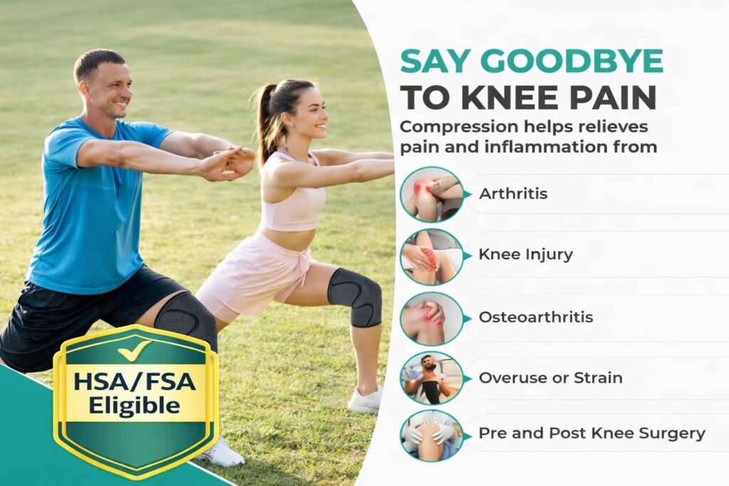 Man and woman doing lunges wearing Modvel compression knee braces to reduce knee pain and support joints.