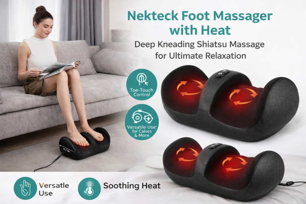 Woman relaxing on sofa using Nekteck Foot Massager with Heat and Foot Roller featuring deep kneading nodes, soothing heat, and adjustable massage settings.