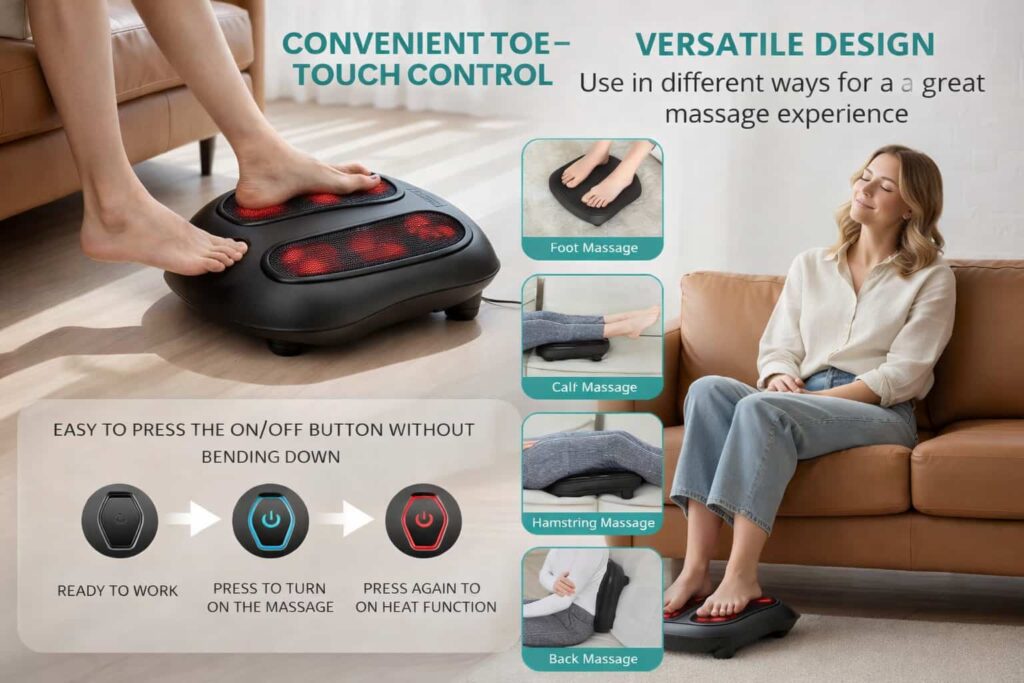 Woman relaxing on sofa using Nekteck Foot Massager with Heat featuring toe-touch control and versatile massage modes for feet, calves, hamstrings, and back.