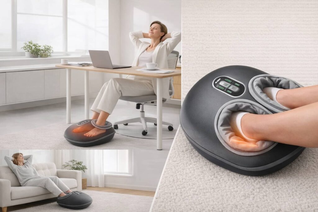 A composite image showcasing the Nekteck Shiatsu Foot Massager in a home and office setting, with close-up views highlighting the heat function and massage modes.