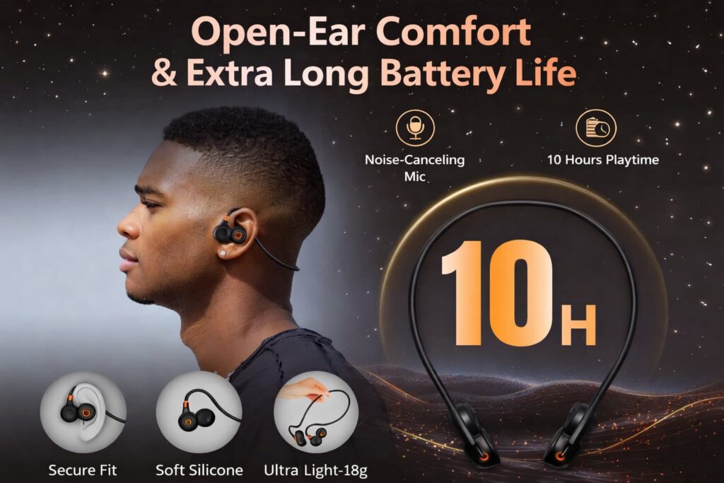 Ortizan open ear headphones with comfortable secure fit and 10 hours battery life for running and workouts.