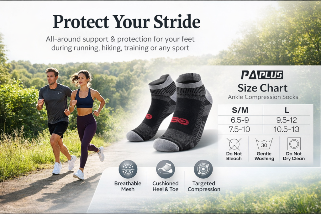 PAPLUS ankle compression socks size chart with runners demonstrating comfortable support for running, hiking and training.