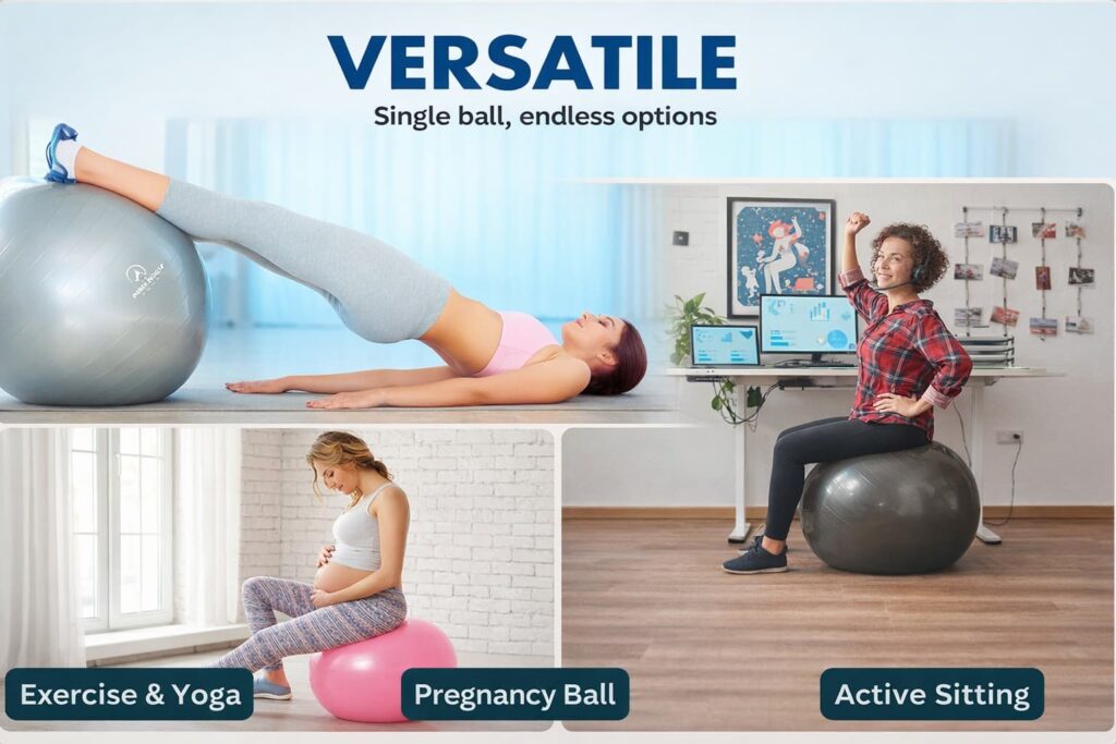 Woman using ProBody Pilates exercise ball for yoga, pregnancy support, and active sitting at home.