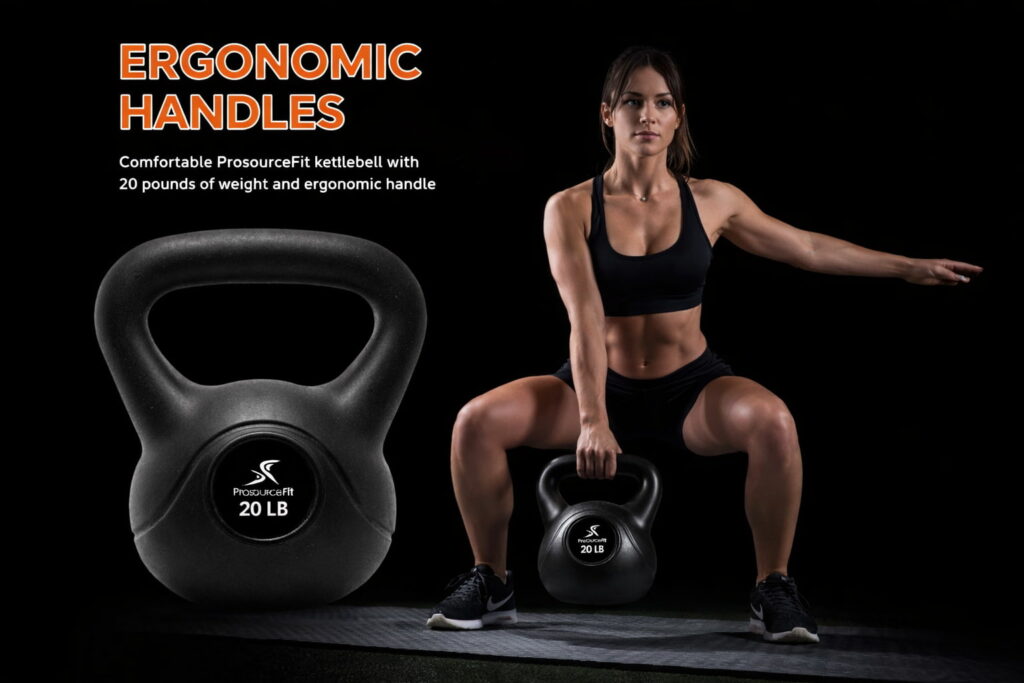 ProsourceFit 20 lb vinyl plastic kettlebell with ergonomic handle used by a woman during squat workout on a colored background.