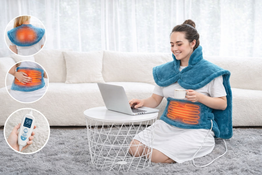 Woman using RENPHO electric heating pad on back and stomach for pain relief at home